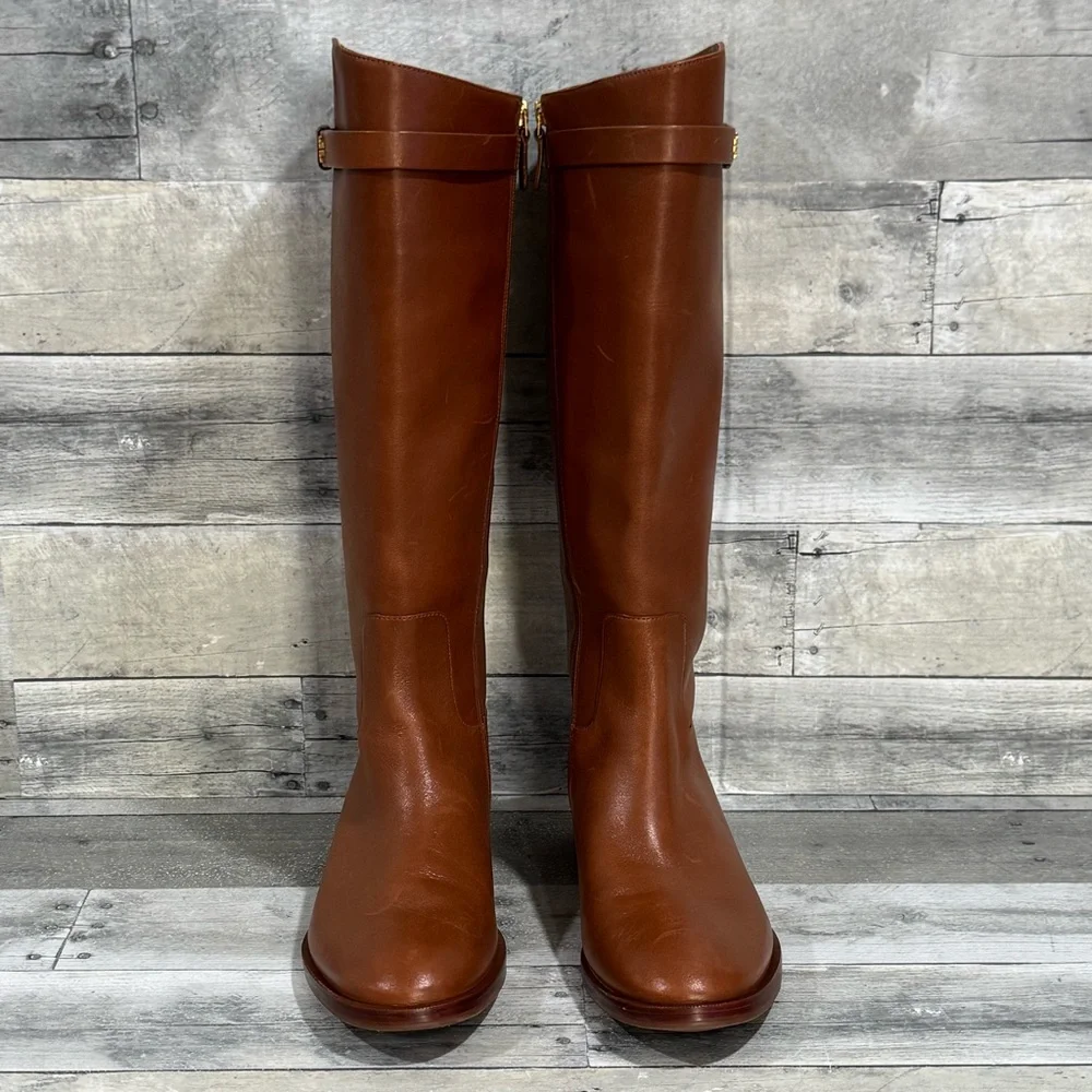 TORY BURCH EVERLY STRAP RIDING BOOTS - SIERRA TAN - SIZE - 10.5 M